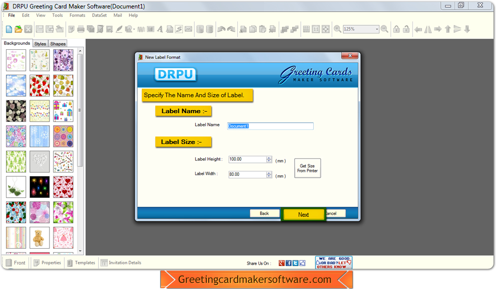 Greeting Card Maker name and size of Label